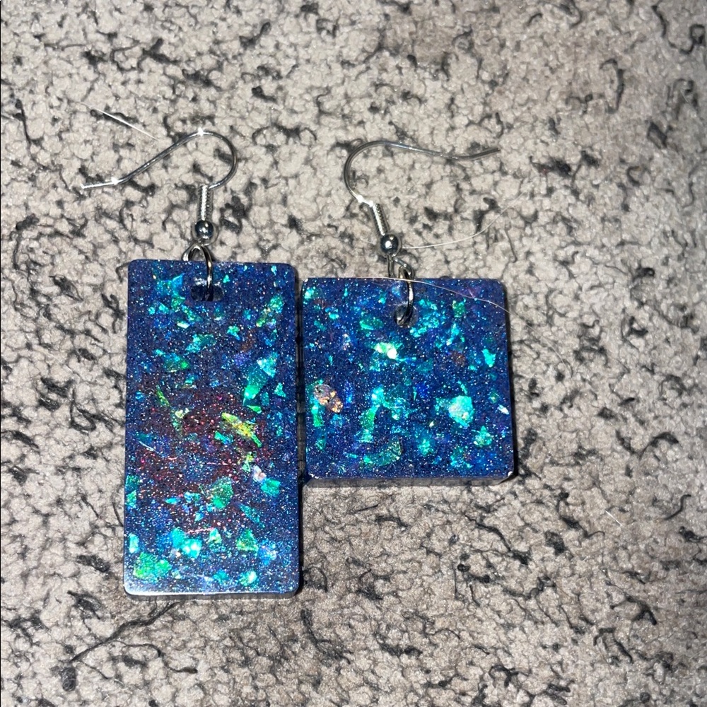 Blue Iridescent Resin Dangle Earrings